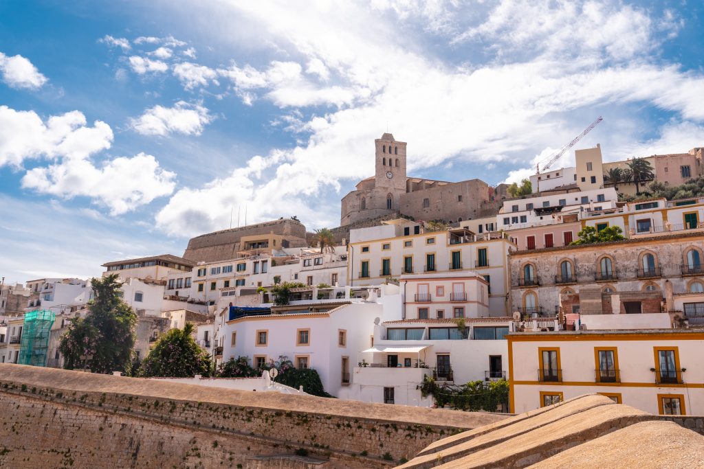 Cathedral of Santa Maria de la Neu from the castle wall of the city of Ibiza, Balearic Islands, Eivissa